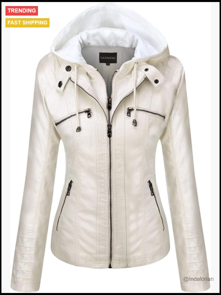 Faux Leather Moto Jacket With Detachable Hood Slim Fit Outerwear